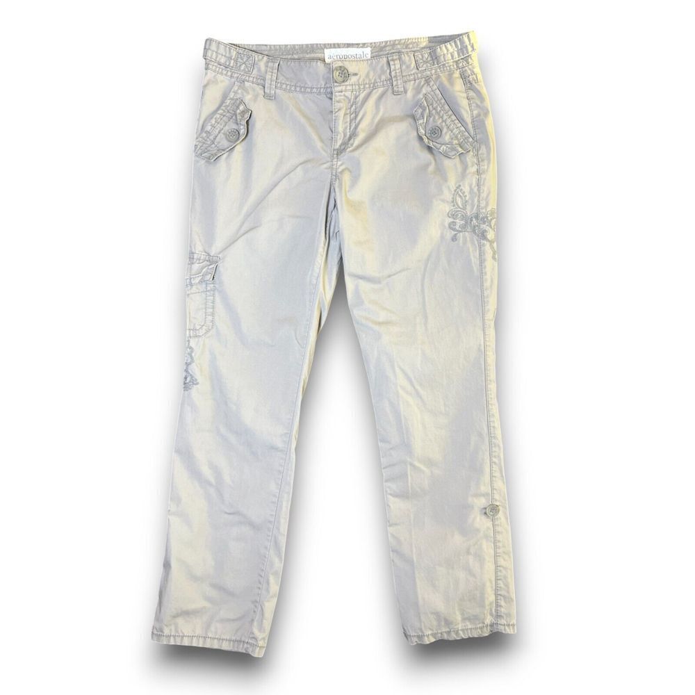Y2K Aeropostale Embroidered Khaki Cargo Pants Jrs Size 7/8‎ 90s Retro Gorpcore